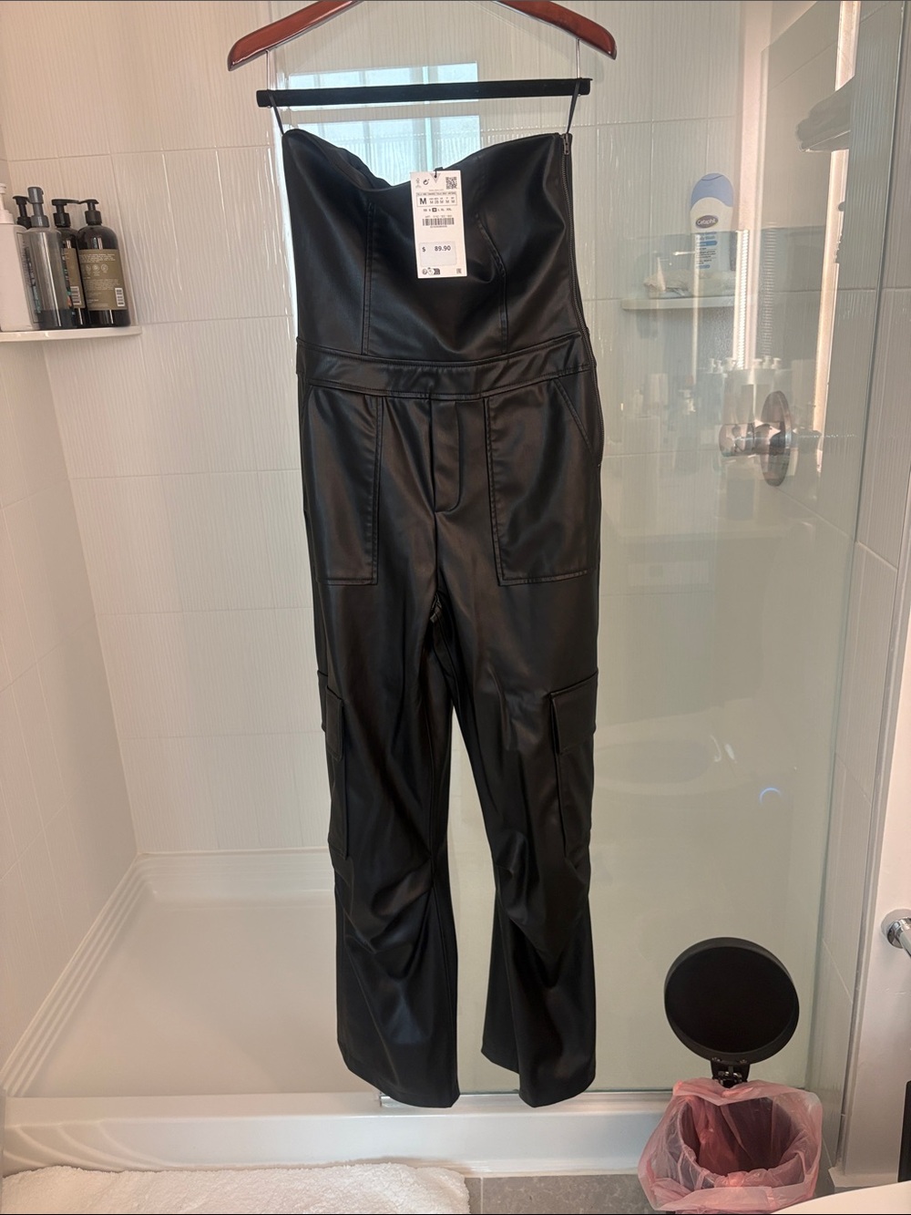 Zara Black Strapless Faux Leather Jumpsuit